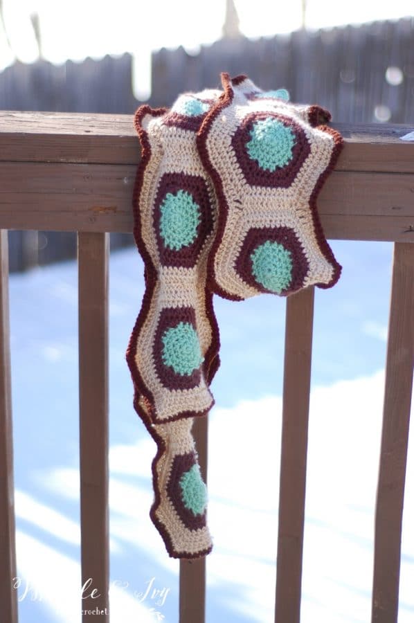 Free Crochet Pattern - Hexagon Motif Scarf. This fun geometric scarf is made of hexagons and pieced together, very fun for fall and winter.