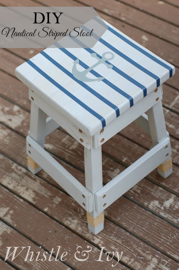 Turn a plain wooden stool into this nautical themed piece with a little paint and twine!