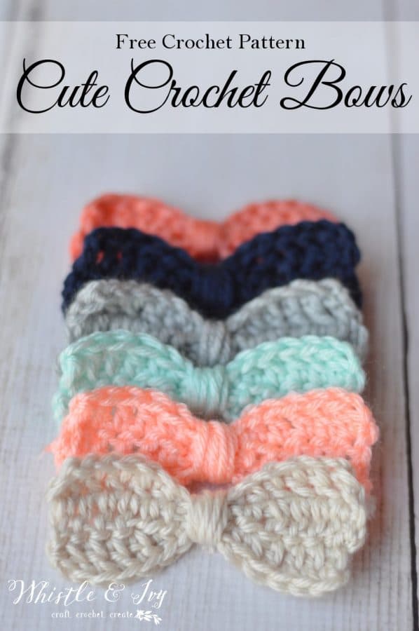 crochet bows lined up in pastel colors