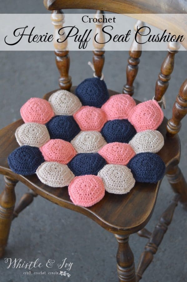 Free Crochet Pattern - Hexie Puff Seat Cushion | Make the cute and comfy seat cushion for your lovely kitchen chairs or outside benches! Simply made.