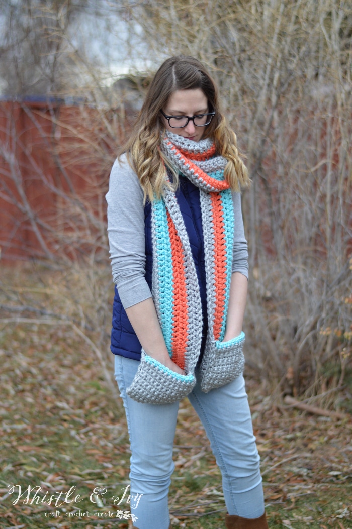 Crocheted Pocket Scarf: Get the FREE pattern for this gorgeous scarf, with hand-warming pockets! It works up quickly with this chunky and silky yarn.