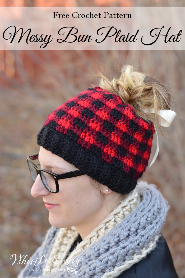 Crochet Plaid Messy Bun Hat – Free Crochet Pattern