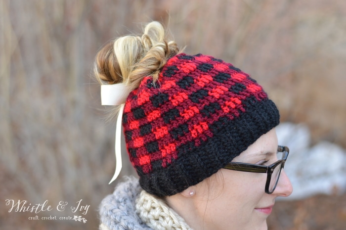 Crochet Plaid Messy Bun Hat - Free 