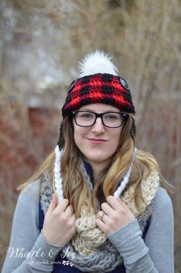FREE Crochet Pattern: Women's Crochet Plaid Trapper Hat | This cozy buffalo plaid hat is worked with two strands so it's very warm and cozy! 