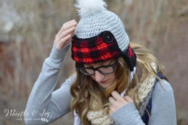 FREE Crochet Pattern: Women's Crochet Plaid Trapper Hat | This cozy buffalo plaid hat is worked with two strands so it's very warm and cozy! 