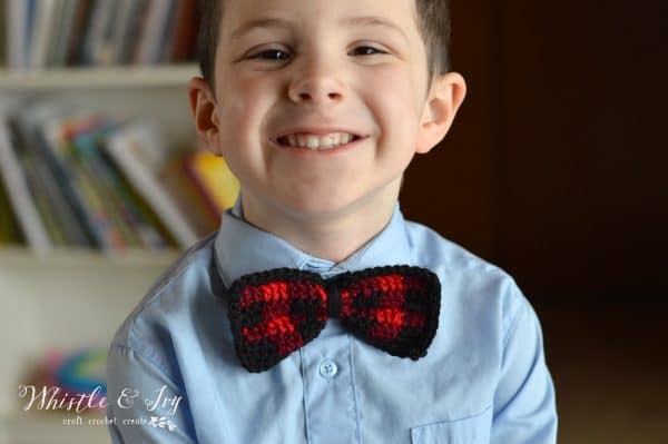 FREE Crochet Pattern: Kid's Crochet Plaid Bow Tie | Make your dapper guy this trendy buffalo plaid bow tie! Perfect for all occasions. 