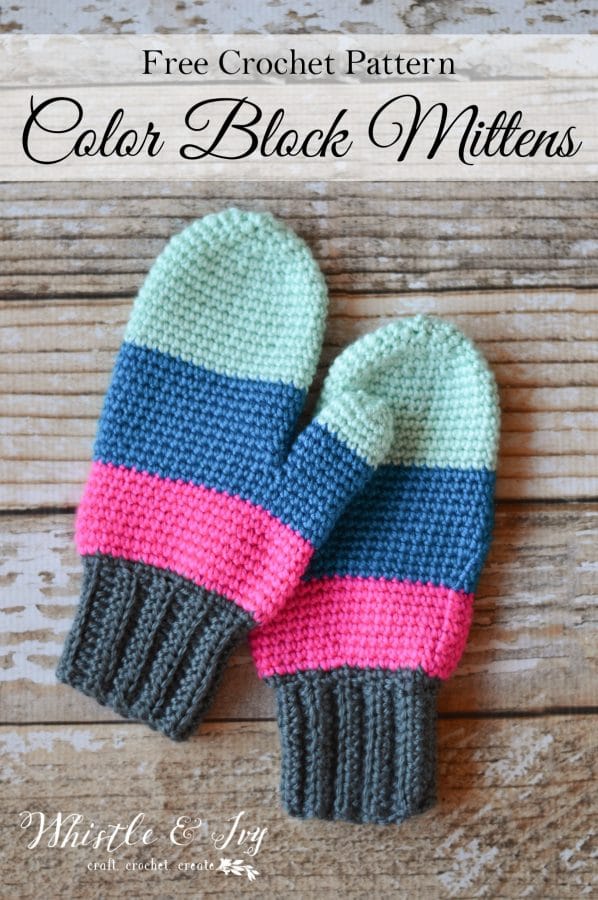 FREE Crochet Pattern: Crochet Color Block Mittens | These cozy and trendy mittens are made easily with 3 blocks of bright color. 