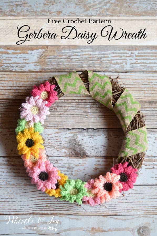 Crochet Gerbera Daisy Wreath - With just a few supplies you can have a new, bright wreath on your front door, featuring pretty crochet Gerbera Daisies. 