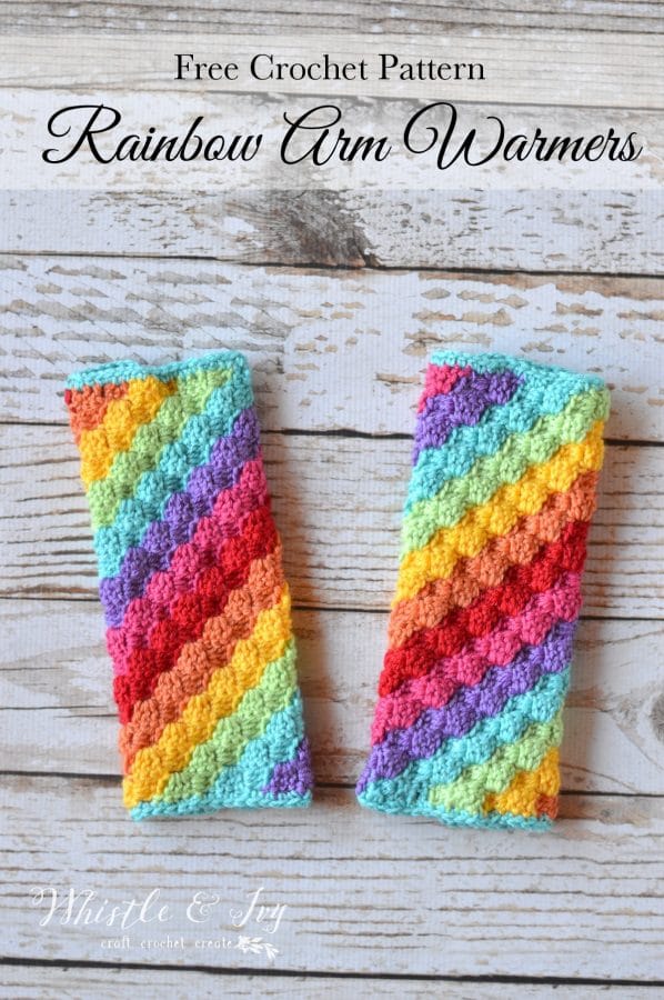 FREE Crochet Pattern: Crochet Rainbow C2c Arm Warmers | Learn how to work the fabulous C2C crochet technique and make these bright and fun arm warmers.