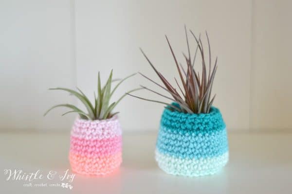 FREE Crochet Pattern: Crochet Air Plant Pot | Make these fun, bright ombre-colored pots to display your air plants. 4 pot sizes are included in the pattern. 
