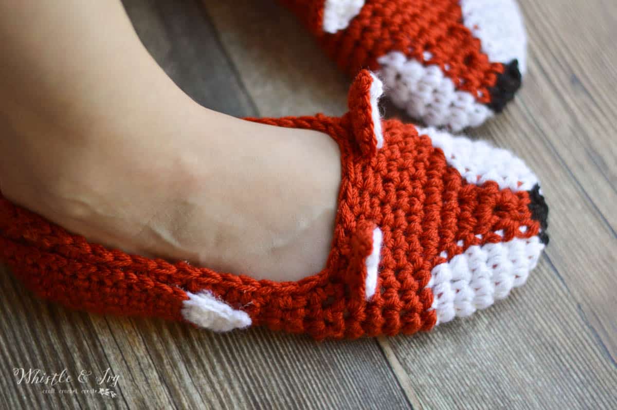 Crochet Fox Slippers - These cute woodland slippers are easy to work up and are make with two strands of yarn, so they are cozy and comfortable. 