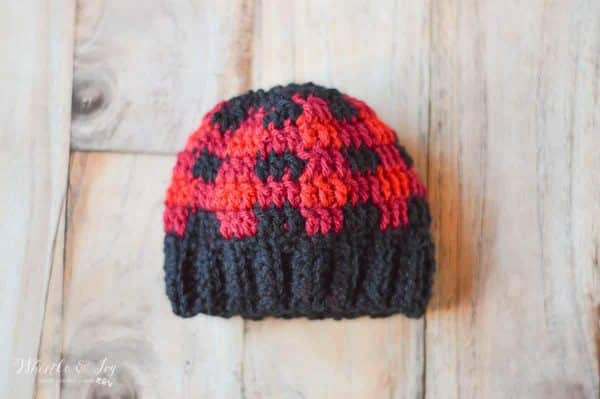 tiny crochet buffalo plaid hat for baby 