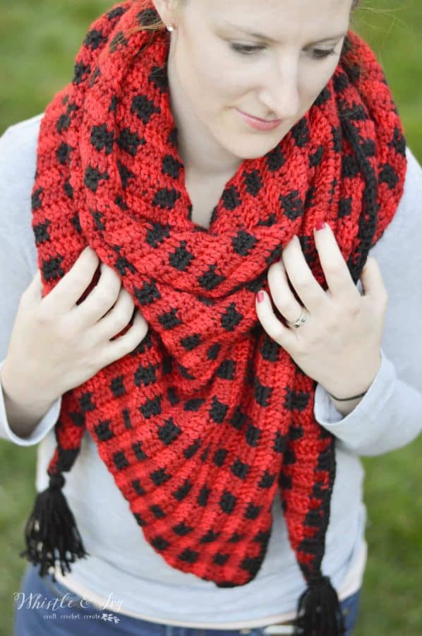 FREE Crochet Pattern: Crochet Plaid Triangle Scarf - This cozy scarf is perfect for chilly fall weather and doubles as a shawl too!