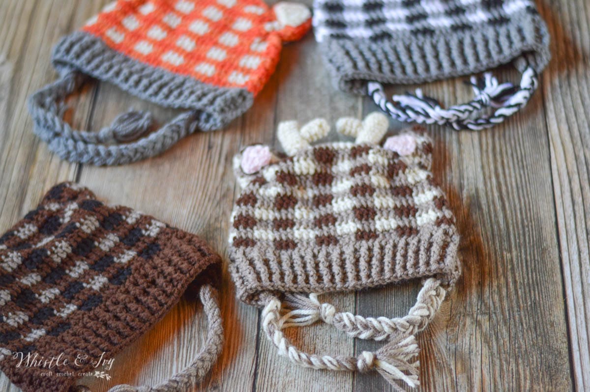 FREE Crochet Patterns: Get FOUR adorable woodland themed hats, made in fun and EASY crochet plaid: Fox, Bear, Raccoon and Deer.