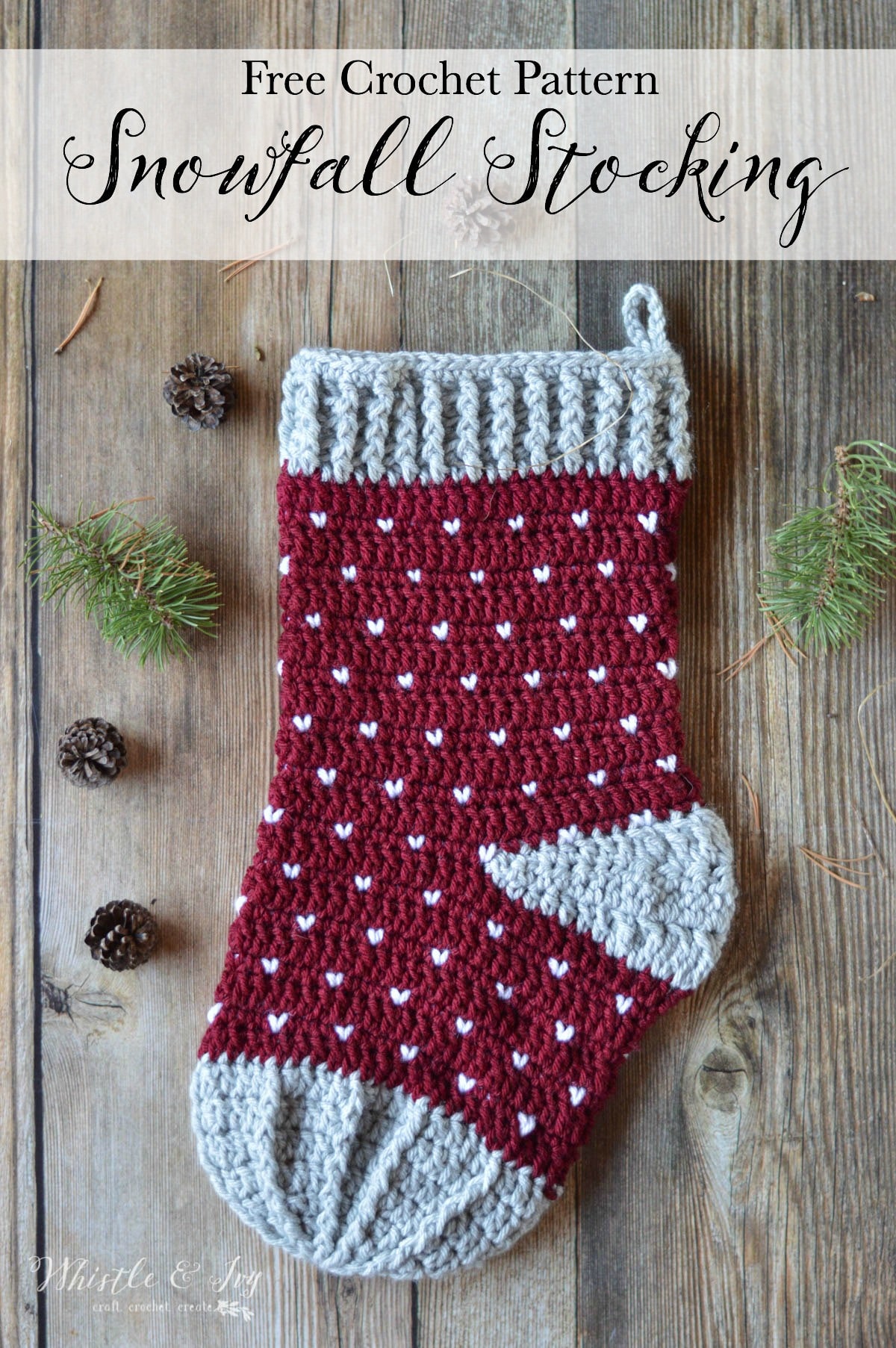 FREE Crochet Pattern: Crochet Snowfall Stocking | This classic and simple stocking is perfect for your rustic Christmas! Learn the easy Snowfall Technique. 