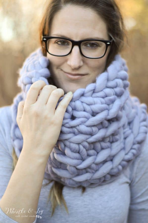 FREE Crochet Pattern: Super Bulky Crochet Cowl | Make this ultra-trendy cowl with only 6 rows! Plus, learn where to get this lush yarn, for cheap! 