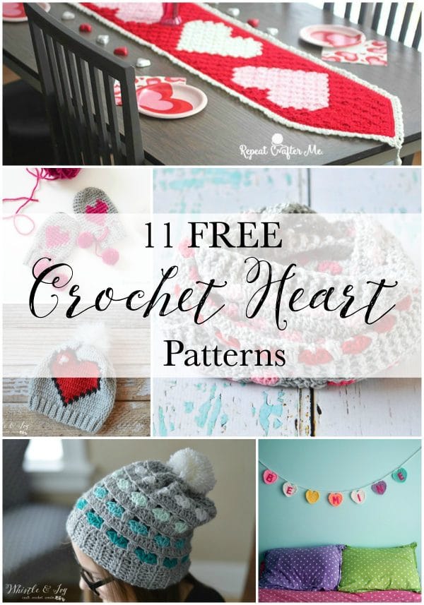 Collage of crochet patterns with hearts