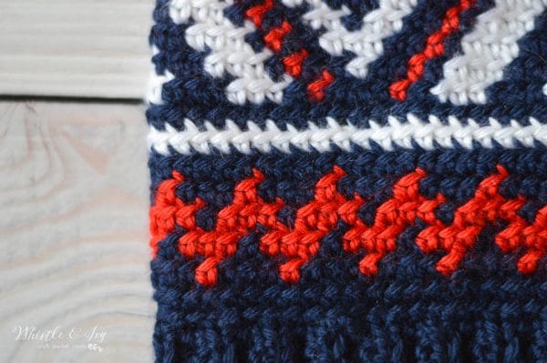 close up of olympic team crochet hat with red white and blue color work