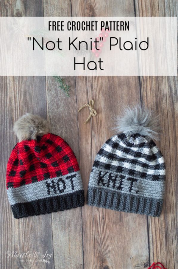 snarky not knit crochet hat free crochet pattern with buffalo plaid accents 
