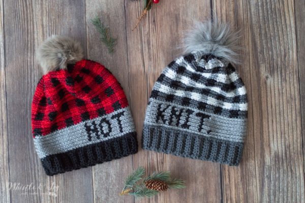 not knit crochet hat with plaid detail and fur pom-pom