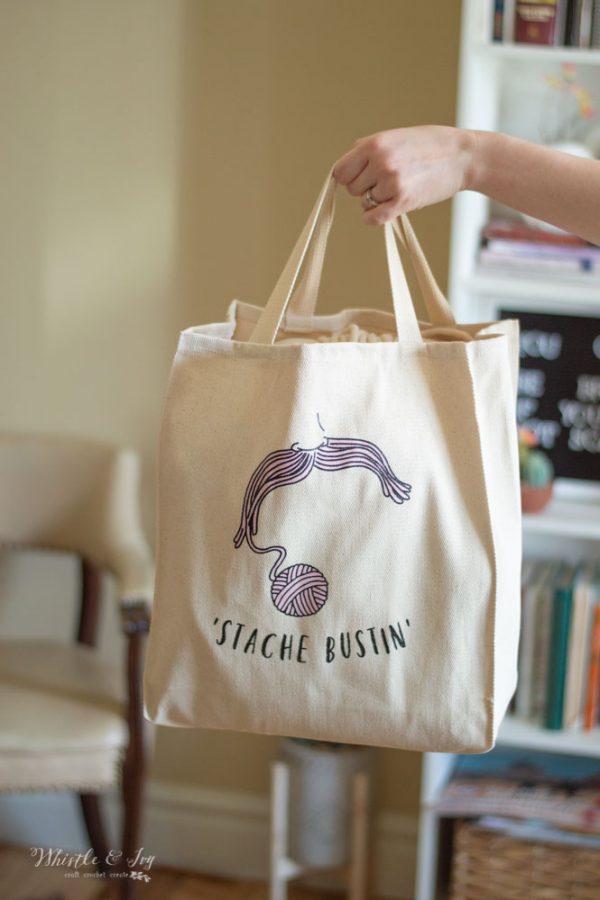 cute trendy yarn tote with mustache stash busting bag