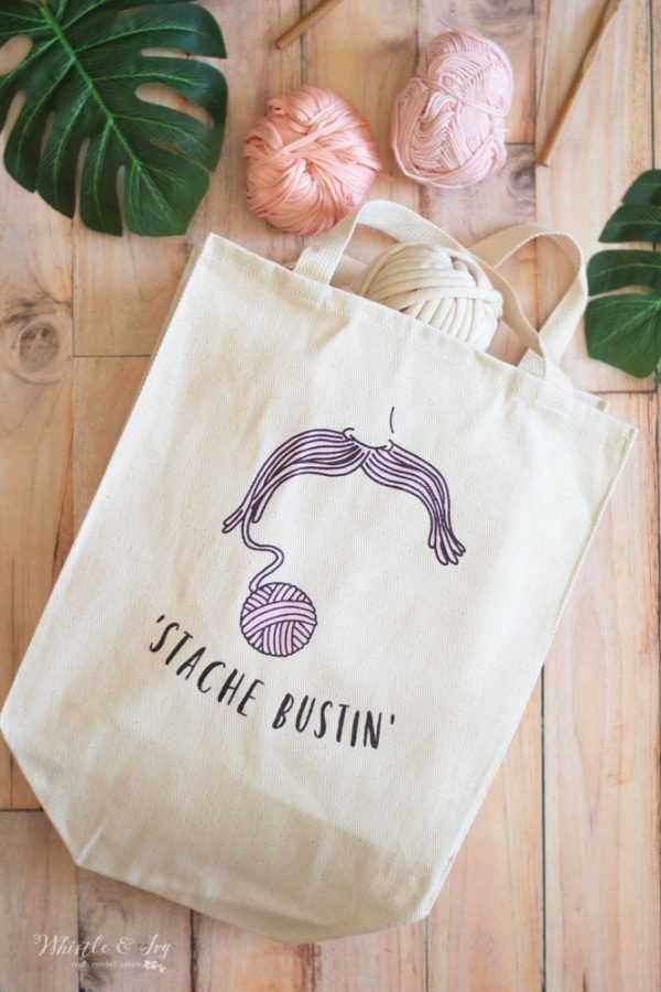 yarn tote with mustache stash busting bag 