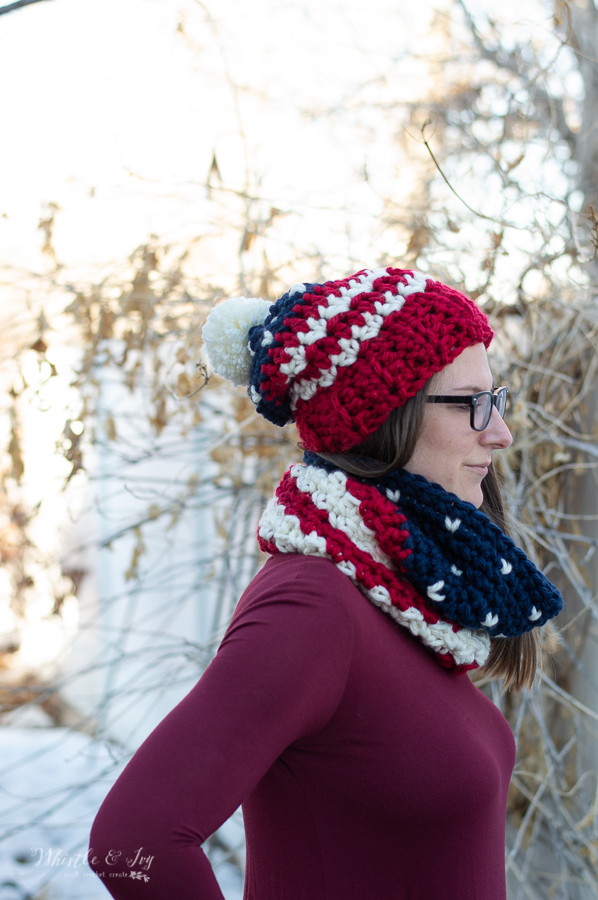 chunky crochet Americana hat and cowl set red white and blue 