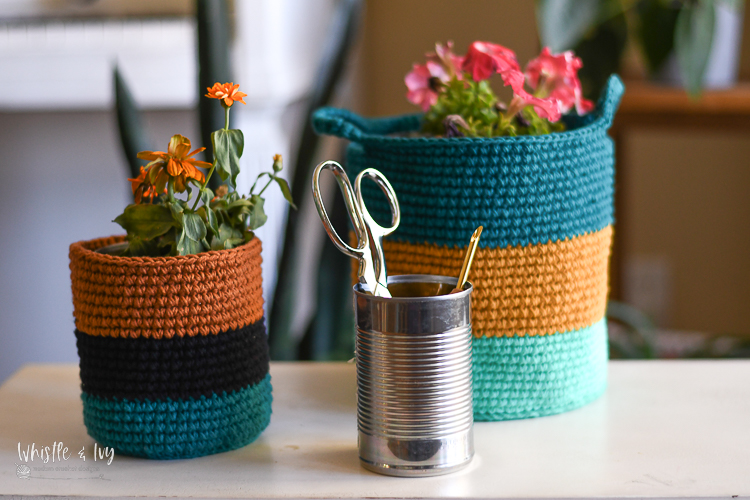 crochet tin can basket, upcycle or recycle tin cans and make your own ecofriendly decor 