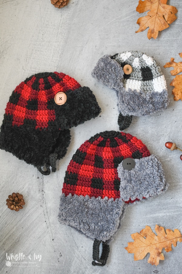 crochet buffalo plaid trapper hat for kids, adults and baby - crochet pattern 
