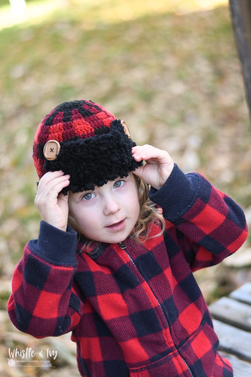 red and black buffalo check crochet winter hat 