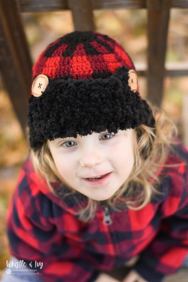 cute crochet buffalo plaid trapper hat for whole family - crochet pattern 