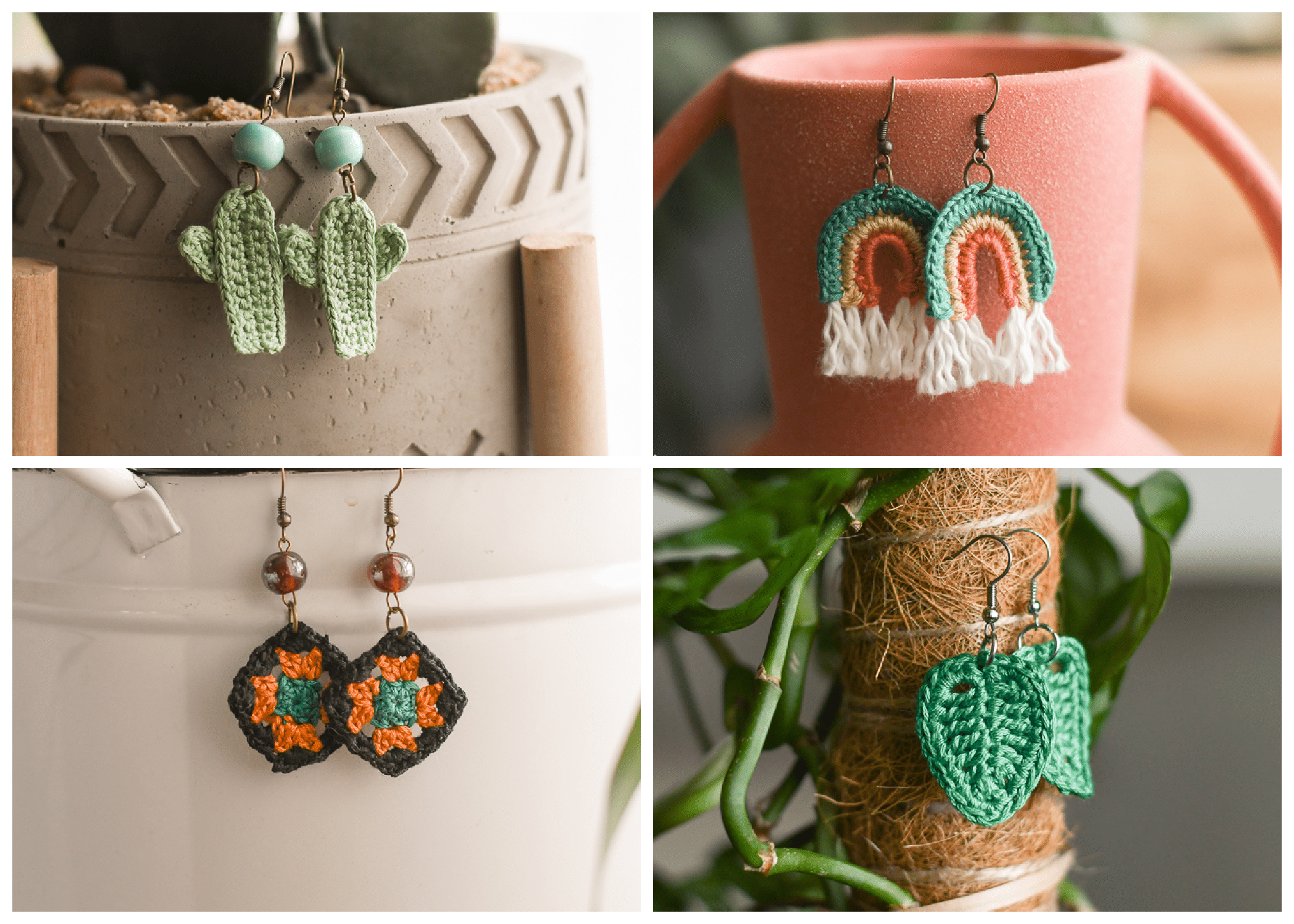 pretty modern crochet embroidery floss earrings crochet pattern rainbow, leaf, cactus, and granny square 