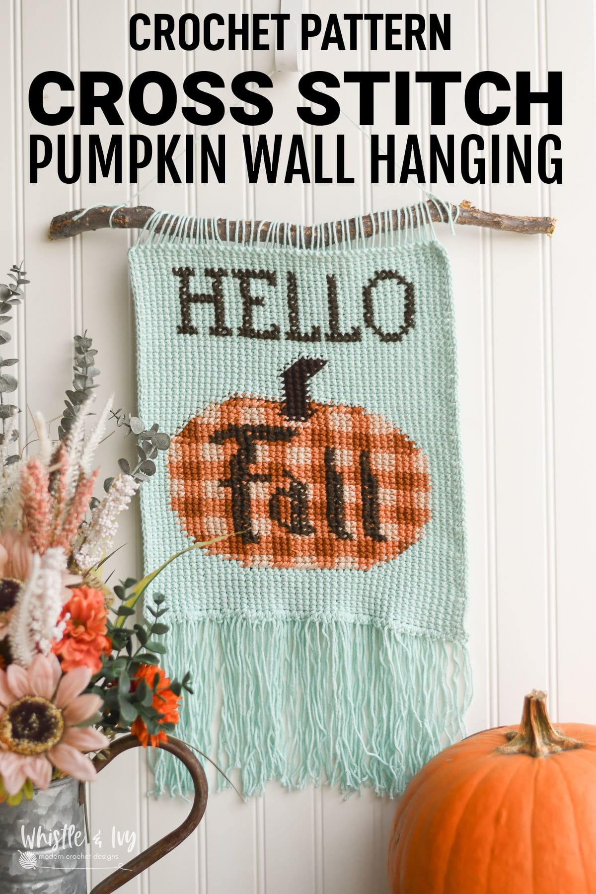 Crochet pumpkin wall hanging with gingham color work crochet pattern